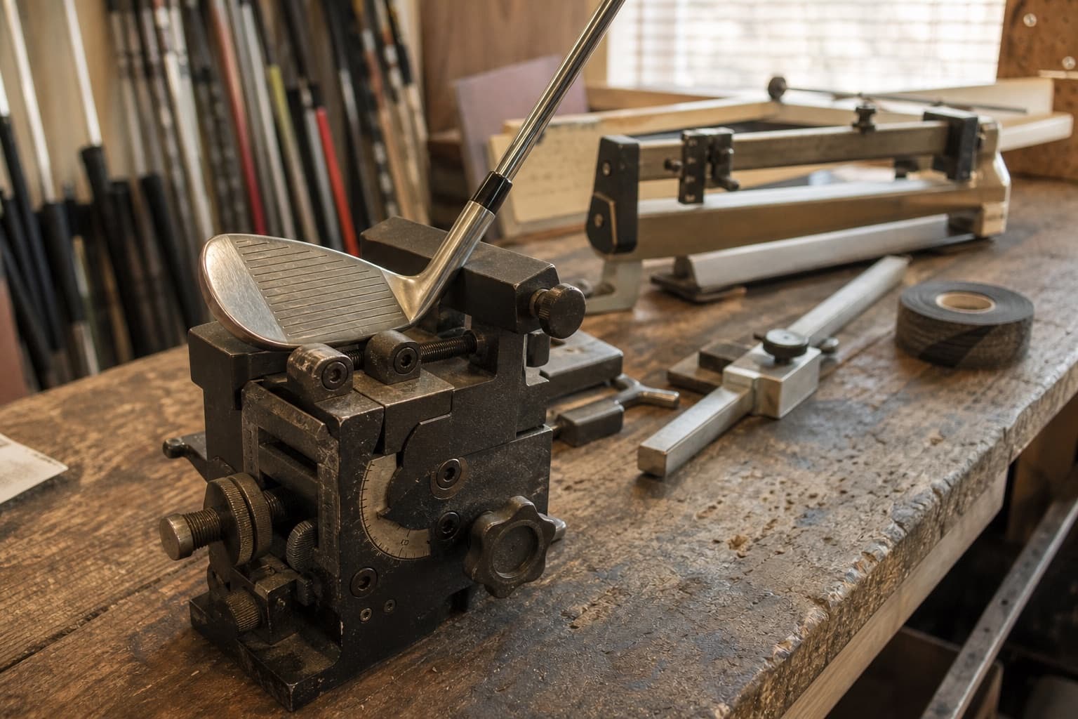 An iron clamped in a loft and lie machine on a club repair bench, with a swing weight scale and grip tape behind it