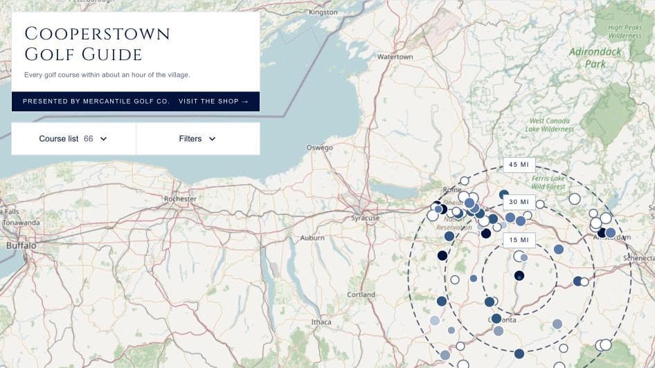 The Cooperstown Golf Guide map with course pins across central New York