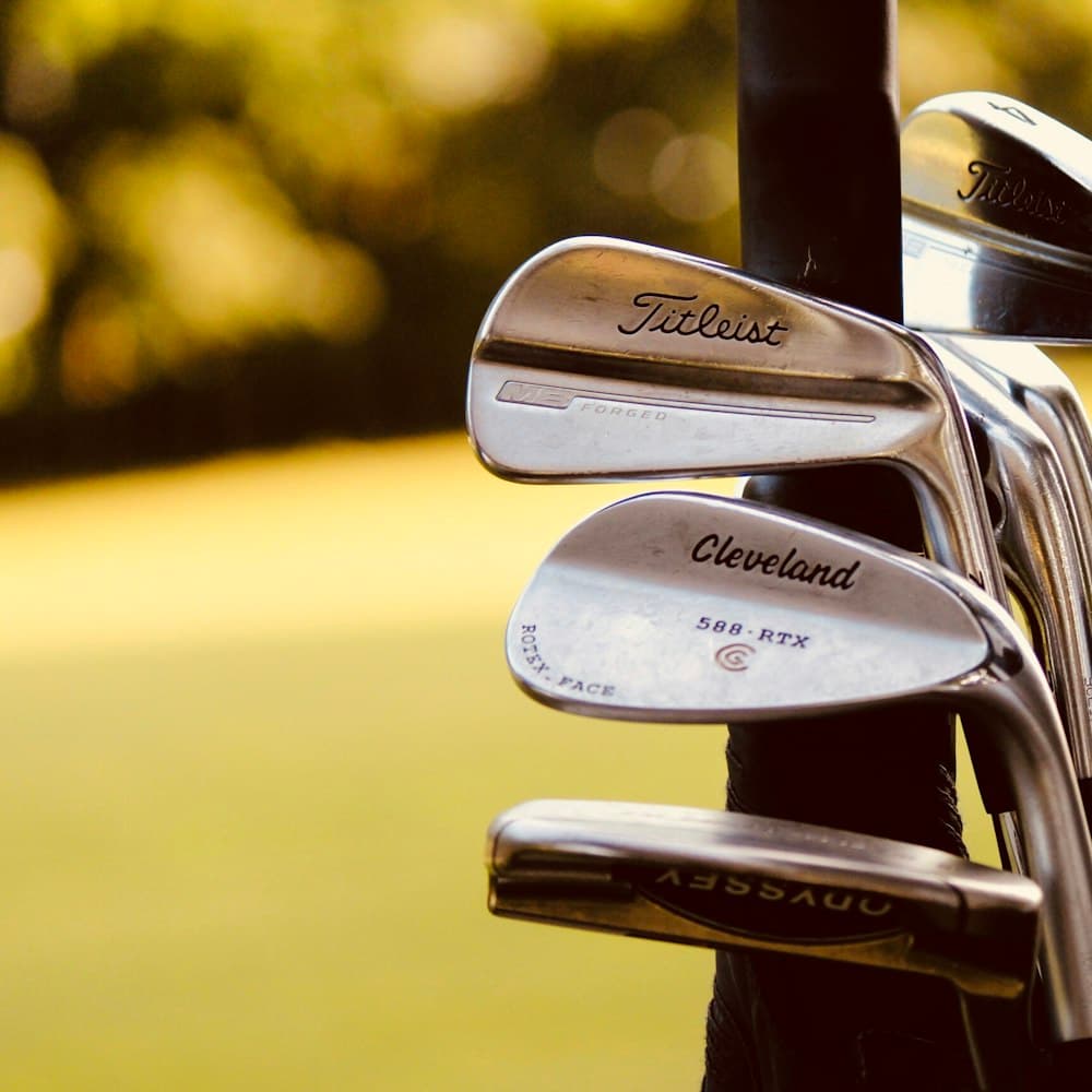 A set of irons racked in a bag