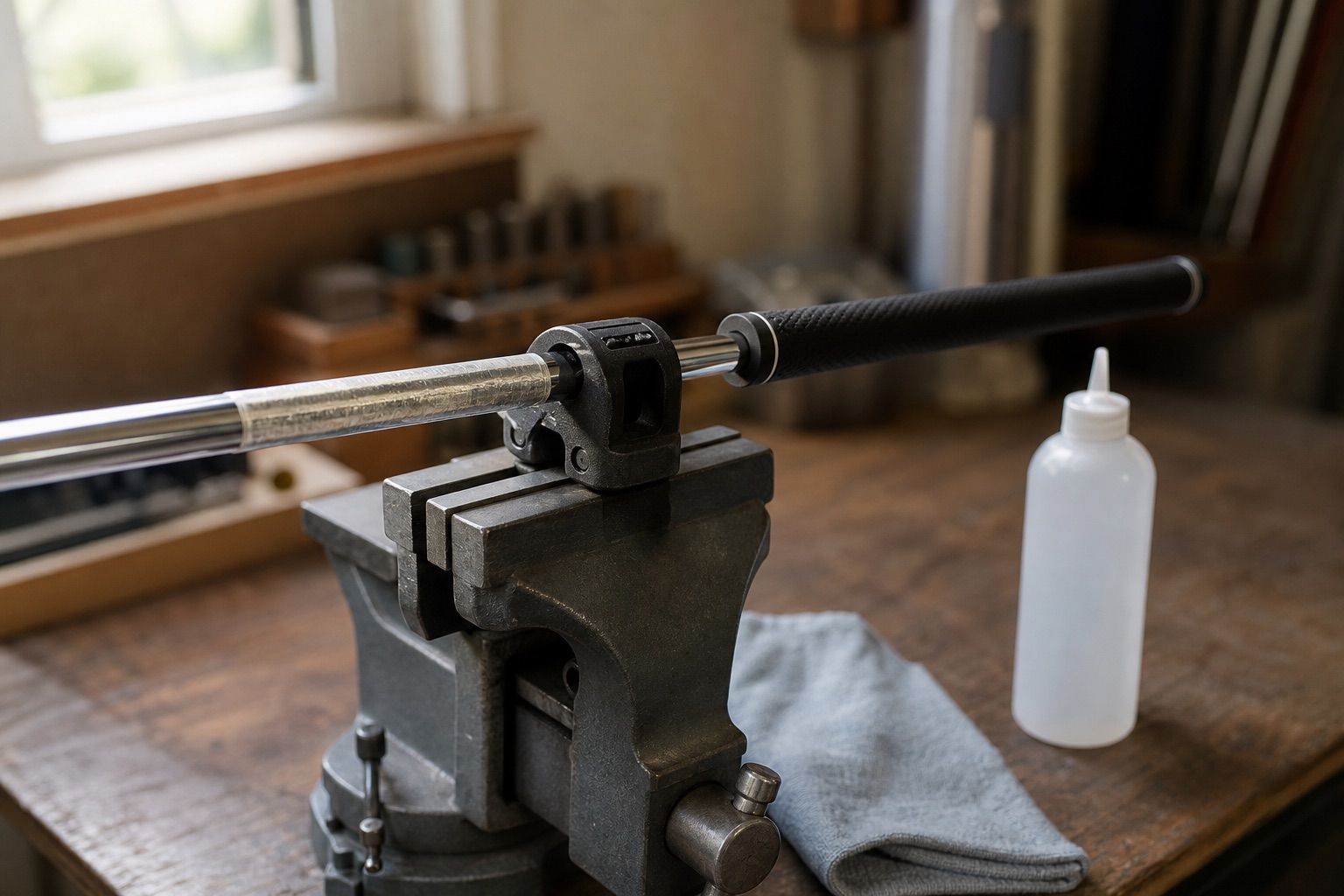 A shaft in a vise with fresh grip tape, a new grip and solvent beside it
