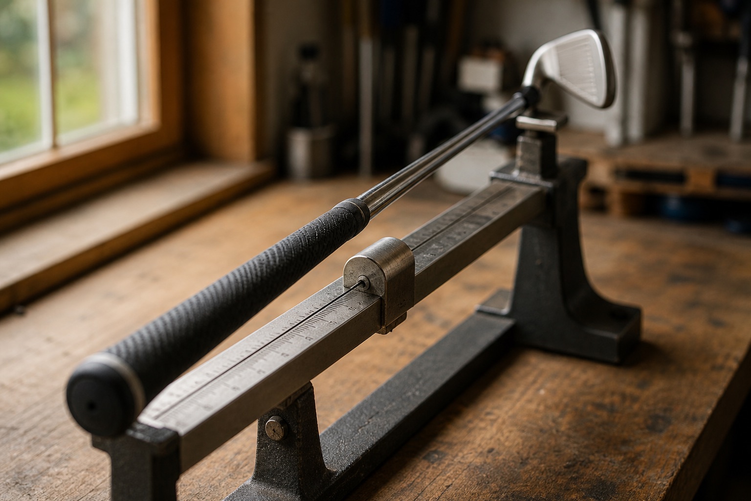 A golf iron balanced on a swing weight scale