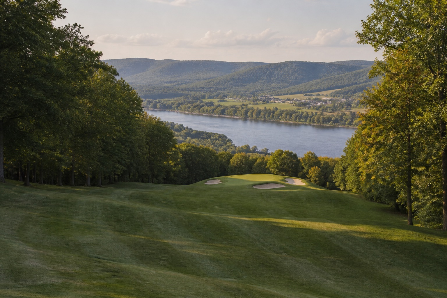 A hillside golf course overlooking a broad river valley